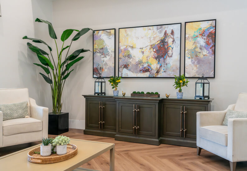 Lobby Sitting Area with Equestrian Triptych Artwork for Seniors at Assisted Living Facility Lobby Sitting Area with Equestrian Triptych Artwork for Seniors at Assisted Living Facility